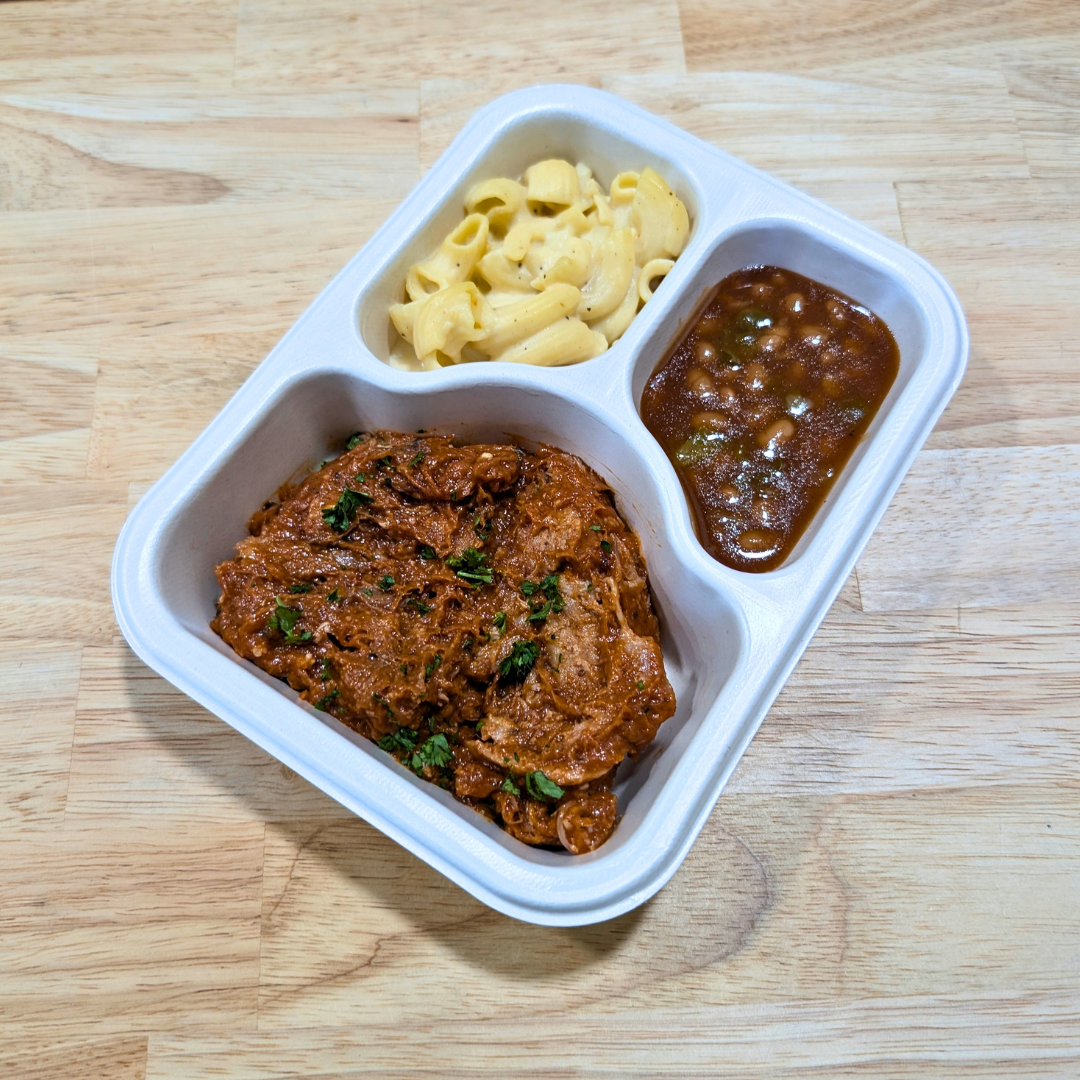 BBQ Pulled Pork with Mac & Cheese and Hawaiian Baked Beans