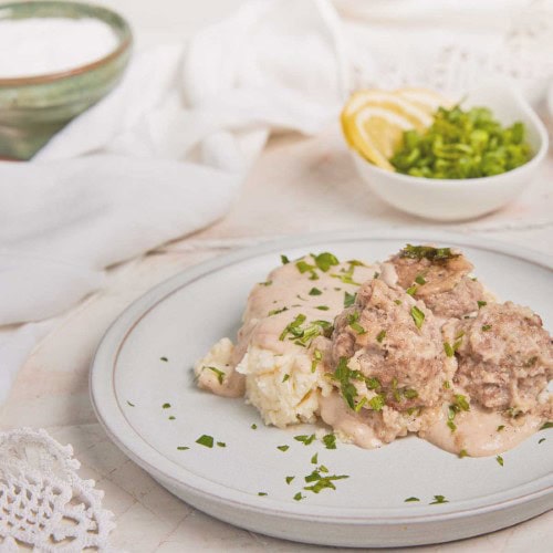 Swedish Meatballs with Mashed Potatoes & Brussel Sprouts